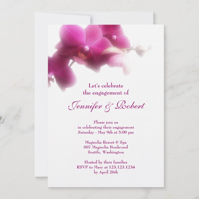 Invitación para el compromiso con orquídeas rosas (Anverso)