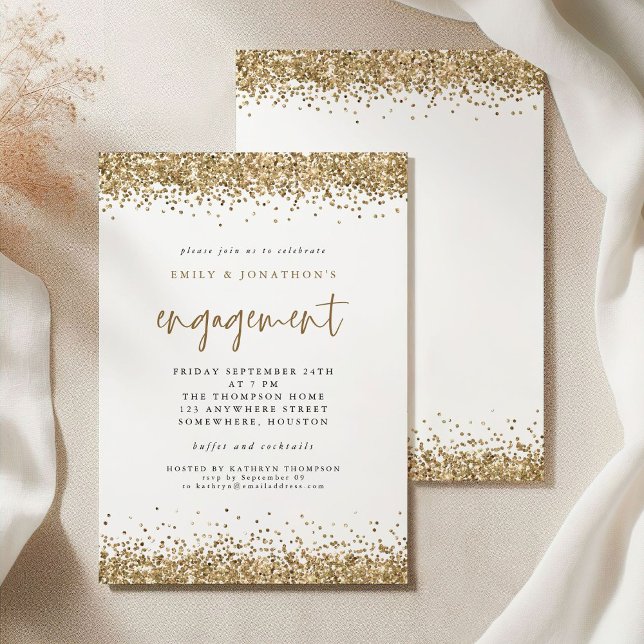 Invitación para el compromiso de Glam Gold Purpuri (Front and back view)
