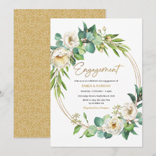 Invitación para el compromiso floral dorado y blan