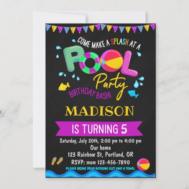 Invitación para el cumpleaños de la piscina fiesta (Anverso)