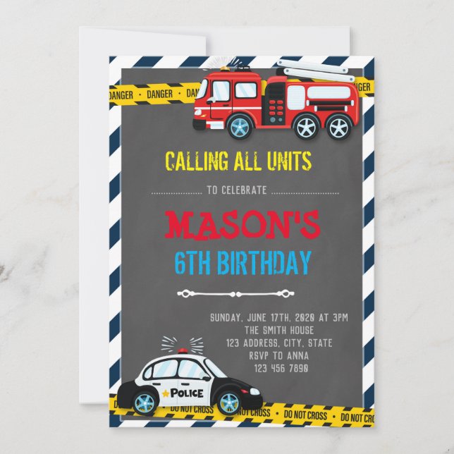 Invitación para el cumpleaños de los bomberos y la (Anverso)