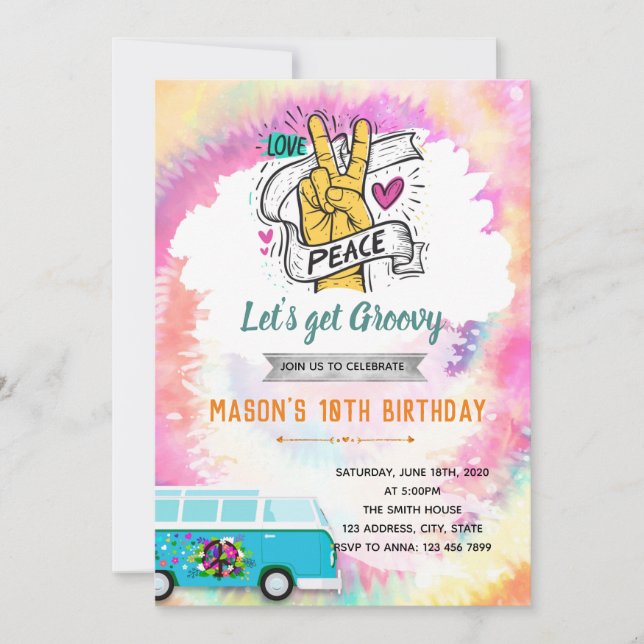 Invitación para el cumpleaños de Tie Dye groovic (Anverso)