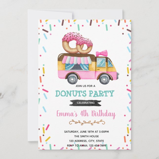 Invitación para el cumpleaños del camión de donut (Anverso)