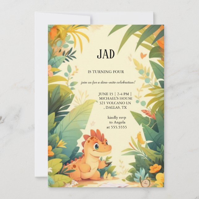 invitación para el cumpleaños del naranja dinosaur (Anverso)