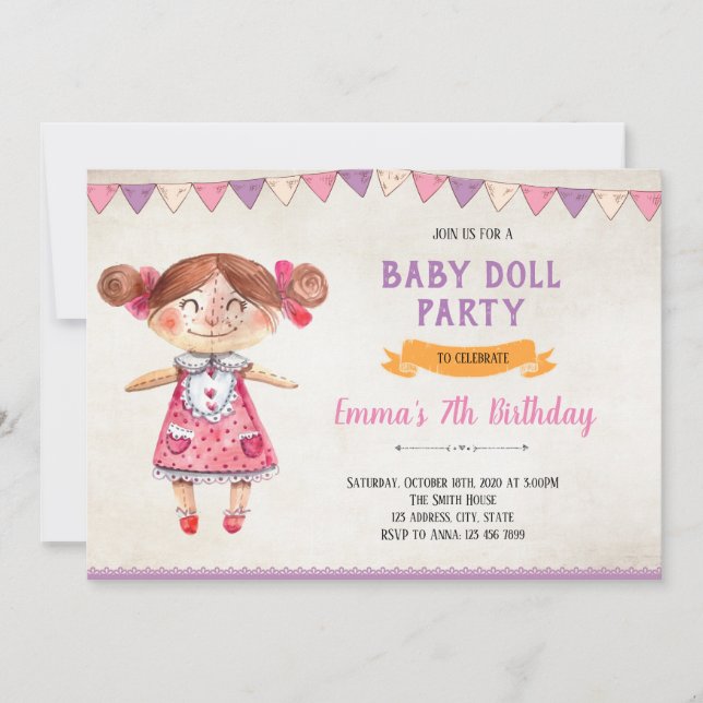 Invitación para el cumpleaños del tema Doll (Anverso)