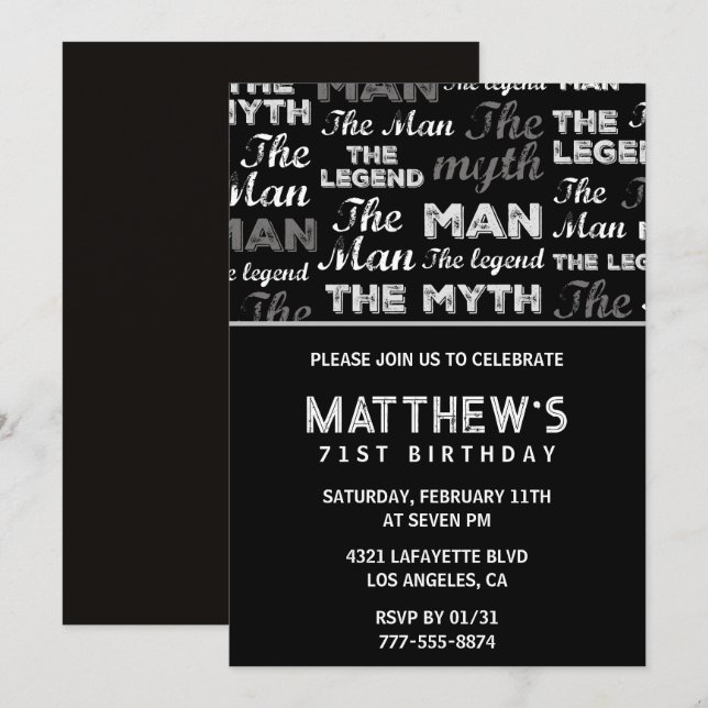Invitación para él cumpleaños número 71 negro Mito (Anverso / Reverso)