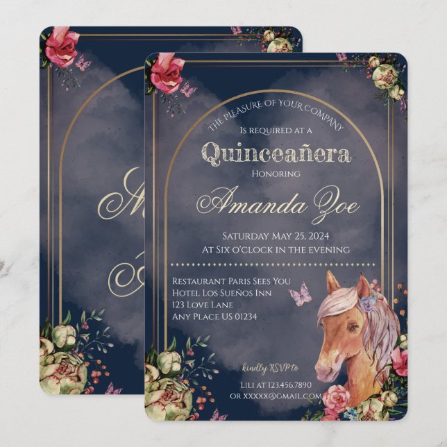 Invitación para el diseño de caballos Quinceañera/ (Anverso / Reverso)
