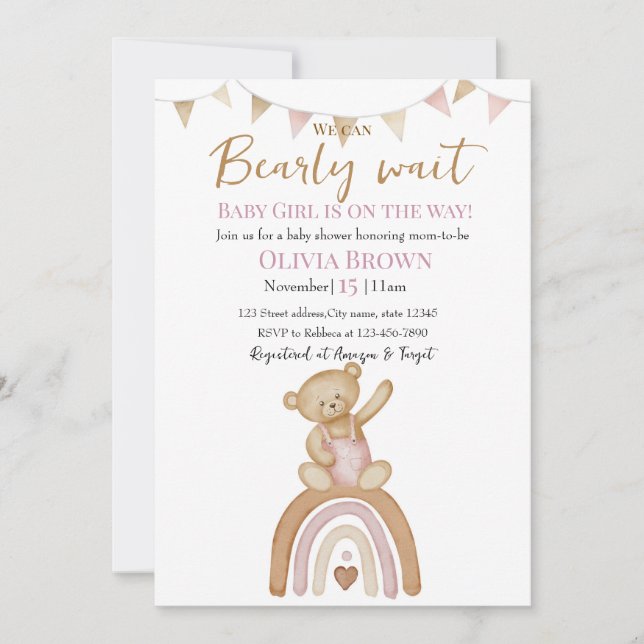 Invitación para el diseño de oso rosa Teddy (Anverso)