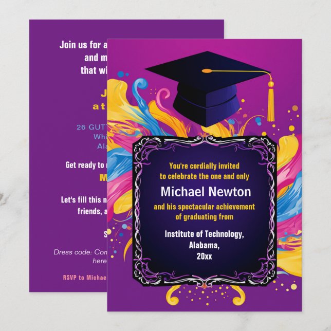 Invitación Para Él divertida fiesta vibrante de Grados (Anverso / Reverso)