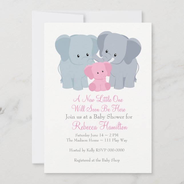 Invitación para el elefante bebé rosado (Anverso)