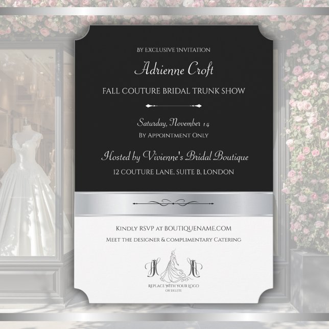 Invitación para el espectáculo de moda de la bouti (Luxury bridal boutique trunk show invitation template with modern black & silver color blocking.)
