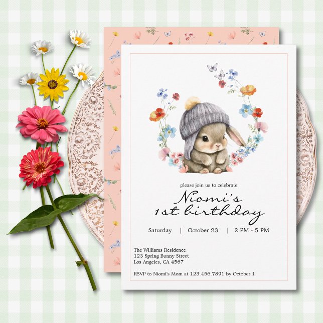 Invitación para el primer cumpleaños de Bunny Gard (Bunny Garden First Birthday Invitation 2)