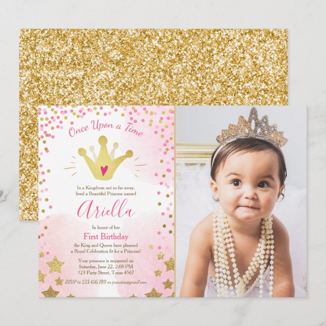 Invitación para el primer cumpleaños Princess Gold (Anverso / Reverso)