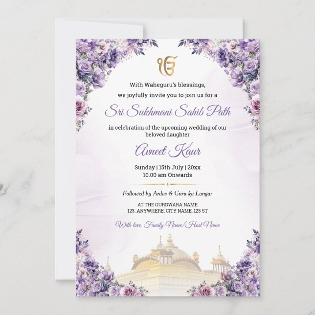 Invitación para el Sukhmani Sahib Path en una boda (Anverso)