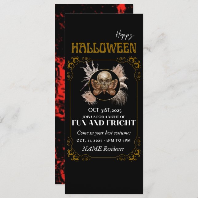 invitación para esqueletos dorados de halloween (Anverso / Reverso)