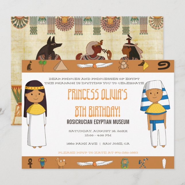 Invitación para fiesta con tema egipcio (Anverso / Reverso)