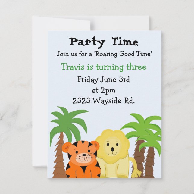 Invitación para fiesta de animales de la selva (Anverso)