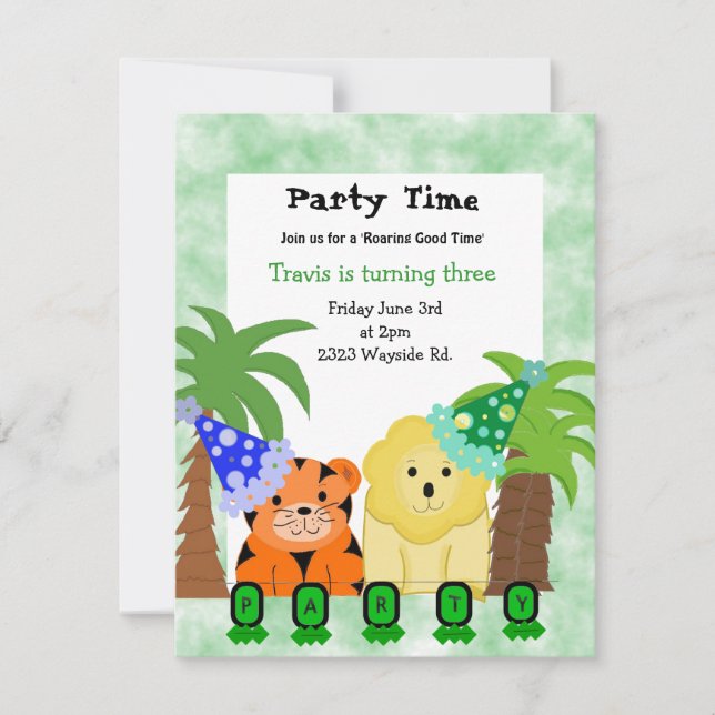 Invitación para fiesta de animales de la selva (Anverso)