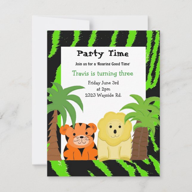 Invitación para fiesta de animales de la selva (Anverso)
