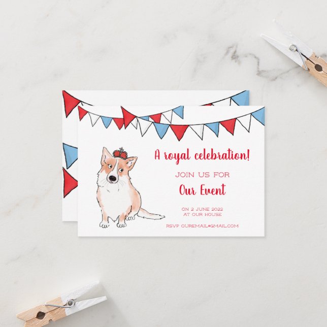 Invitación para fiesta de corgi real (pequeña) (Anverso/Reverso In Situ)