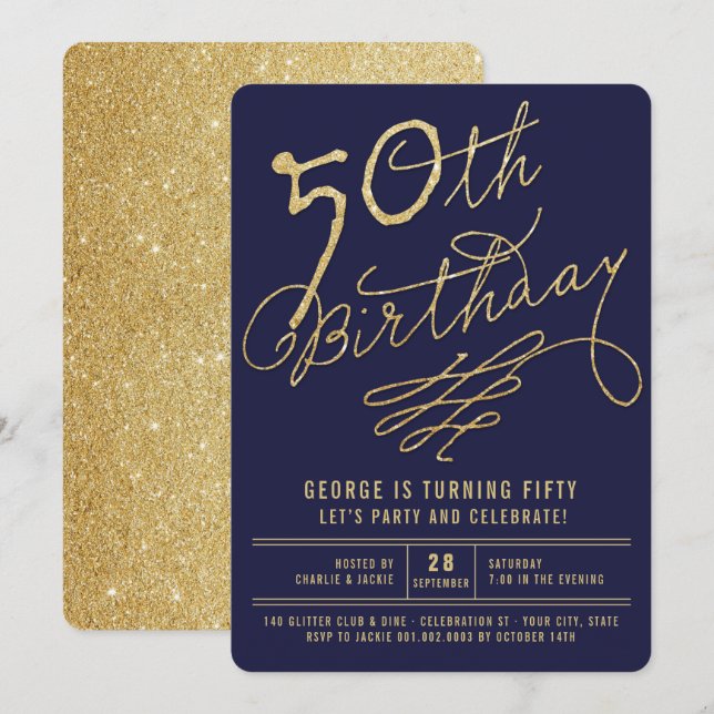 Invitación para fiesta de cumpleaños 50 de glamour (Anverso / Reverso)
