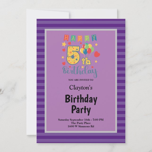 Invitación para Fiesta de Cumpleaños 5to Aniversar (Anverso)