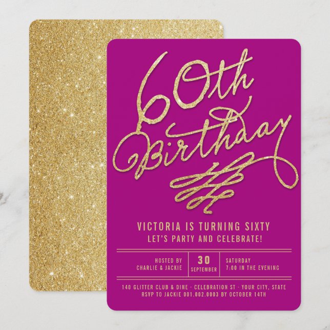 Invitación para fiesta de cumpleaños 60 de glamour (Anverso / Reverso)