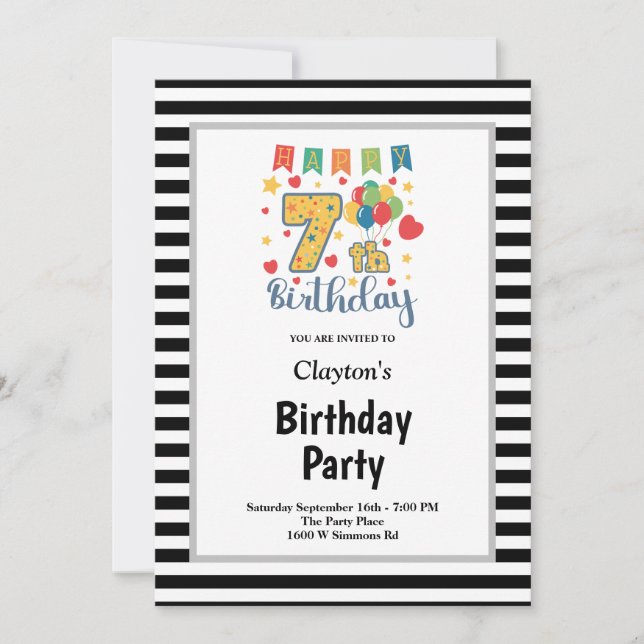 Invitación para Fiesta de Cumpleaños 7 con Rayas e (Anverso)