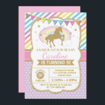 Invitación para fiesta de cumpleaños con unicornio<br><div class="desc">Invitación colorida de cumpleaños con un unicornio de oro con arco iris con estrellas</div>