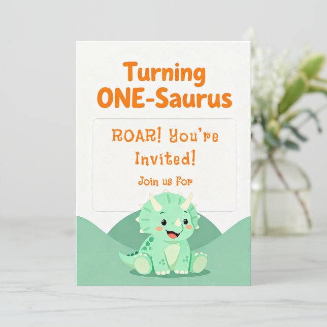 Invitación para fiesta de cumpleaños de dinosaurio (Anverso de pie)