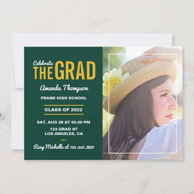 Invitación para fiesta de graduación verde y dorad (Anverso)