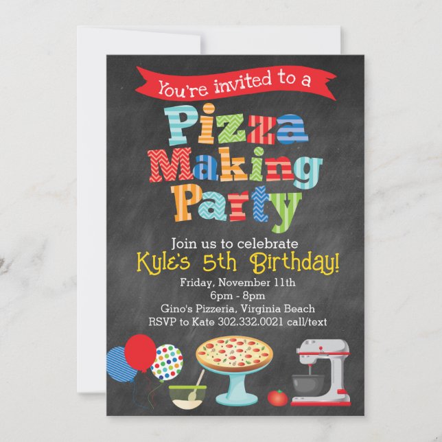 Invitación para fiesta de hacer pizza en pizarra ( (Anverso)