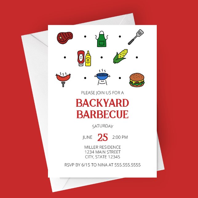 Invitación para fiesta de iconos de barbacoa (Modern Minimalist Backyard Barbecue Line Icons Summer Party Invitation)