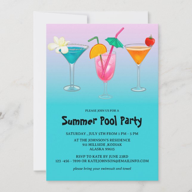 Invitación Para Fiesta de la piscina azul de verano para adul (Anverso)
