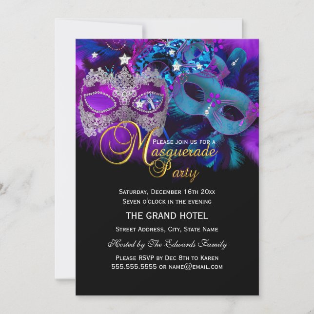 Invitación para fiesta de máscaras Pink Purple & B (Anverso)