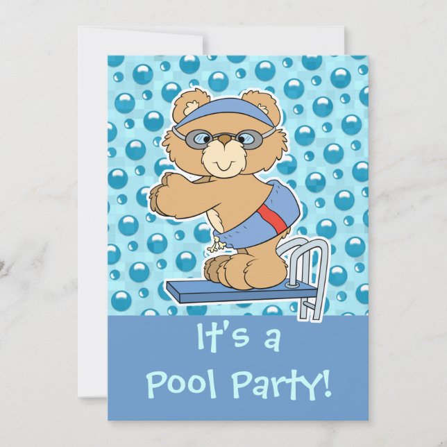 Invitación para fiesta de piscina con oso de peluc (Anverso)