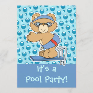 Invitación para fiesta de piscina con oso de peluc