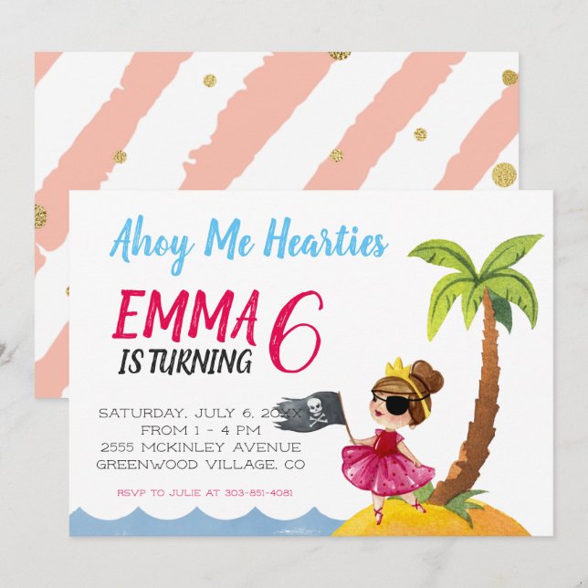 Invitación para fiesta de Reina Pirata (Anverso / Reverso)