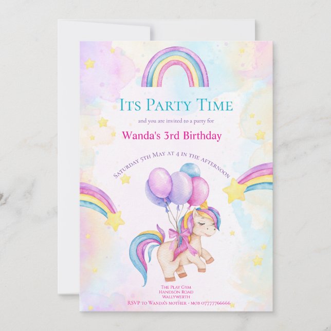 Invitación para fiesta infantil de Unicornio y Arc (Anverso)