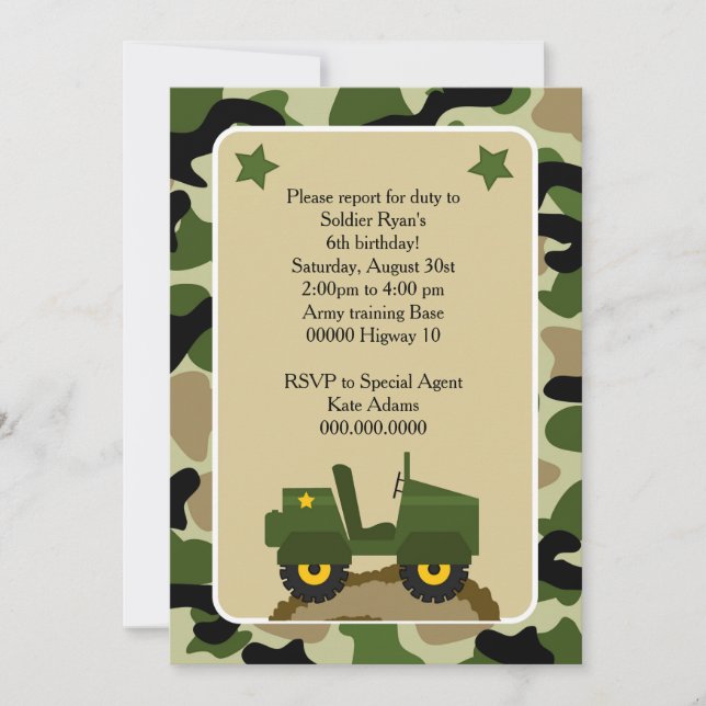 Invitacion para fiesta militar Soldado camuflage (Anverso)