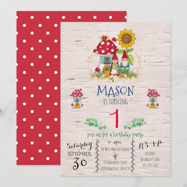 Invitación para fiesta temática de Gnome Woodland (Anverso / Reverso)