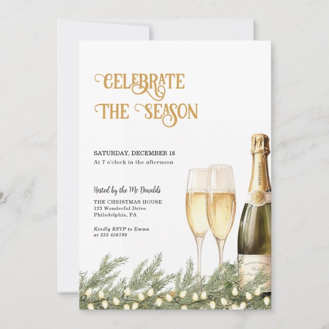 Invitación para fiestas de vacaciones Bubbly Champ (Anverso)