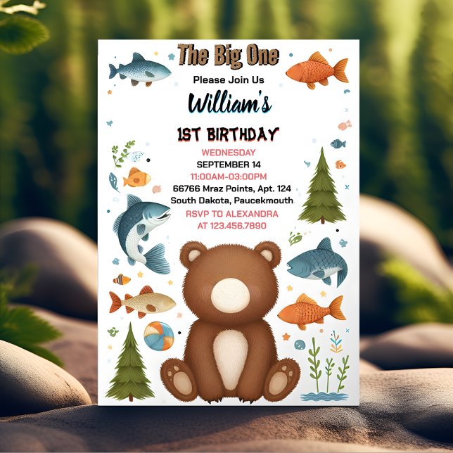 Invitación Para Fun Chico Fish Brown Cute Bear Primer Cumplea (Subido por el creador)