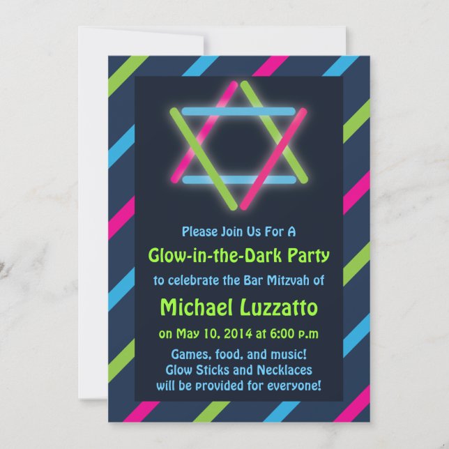 Invitación para Glow-in-the-Dark Bar & Bat Mitzvah (Anverso)