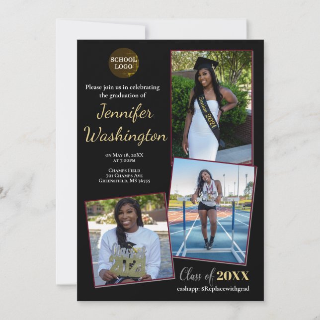 invitación para graduación de fotos en negro y oro (Anverso)