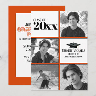 Invitación para graduados naranja y negro, mate de