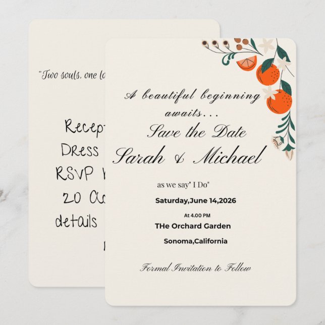 Invitación para guardar la fecha – Boda elegante d (Anverso / Reverso)