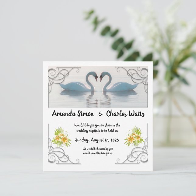 Invitación para guardar la fecha de los Cisnes Bla (Anverso de pie)