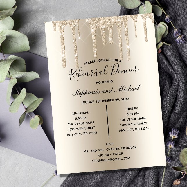 Invitación para la cena de ensayo con brillo de Ch (Champagne Gold Dripping Glitter Wedding Rehearsal Dinner Invitation)