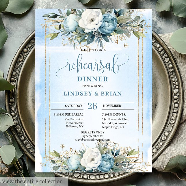 Invitación para la cena de ensayo con marco de oro (Sophisticated Dusty Blue Gold Frame Dinner Invite)